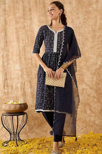 Bandhani Printed A-Line Kurta with Trousers & Dupatta