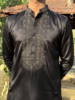 Black floral embroidered & sequin embellished cotton festive kurta for men 4