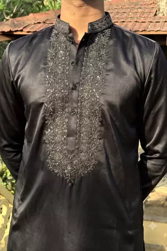 Black floral embroidered & sequin embellished cotton festive kurta for men