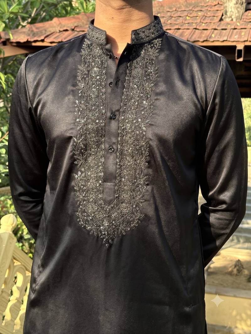 Black floral embroidered & sequin embellished cotton festive kurta for men