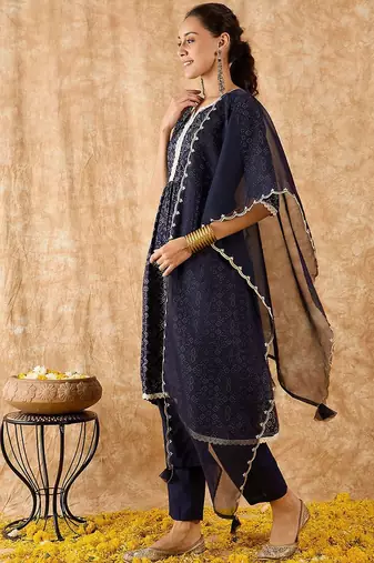 Bandhani Printed A-Line Kurta with Trousers & Dupatta