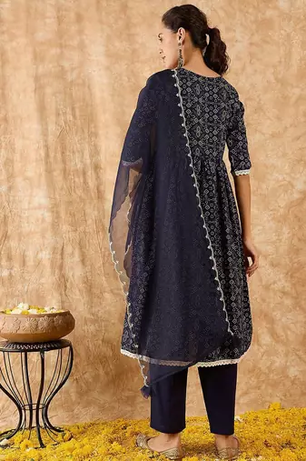 Bandhani Printed A-Line Kurta with Trousers & Dupatta