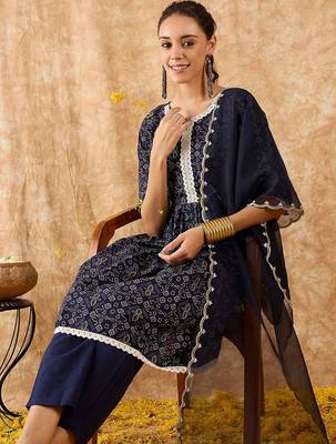 Bandhani Printed A-Line Kurta with Trousers & Dupatta 7