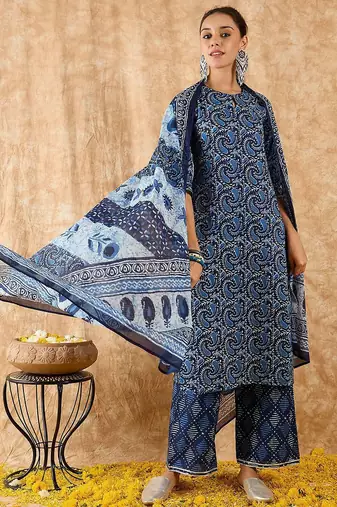 Paisley Printed Straight Kurta with Palazzos & Dupatta