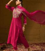 Ethnic Motifs Embroidered Sequinned Liva Straight Kurta With Trousers & Dupatta