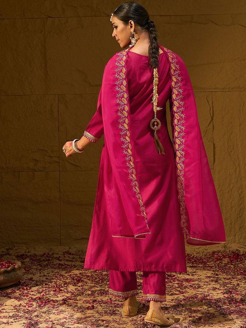 Ethnic Motifs Embroidered Sequinned Liva Straight Kurta With Trousers & Dupatta