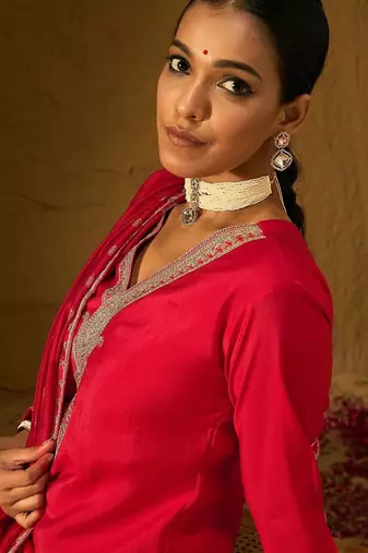 Ethnic Motifs Embroidered V-Neck Straight Kurta With Trousers & Dupatta