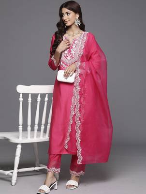 Ethnic Motifs Yoke Design Straight Thread Work Liva Kurta with Trousers & Dupatta 1