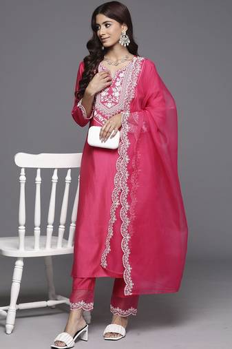 Ethnic Motifs Yoke Design Straight Thread Work Liva Kurta with Trousers & Dupatta