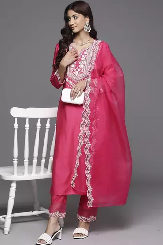 Ethnic Motifs Yoke Design Straight Thread Work Liva Kurta with Trousers & Dupatta