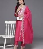 Ethnic Motifs Yoke Design Straight Thread Work Liva Kurta with Trousers & Dupatta