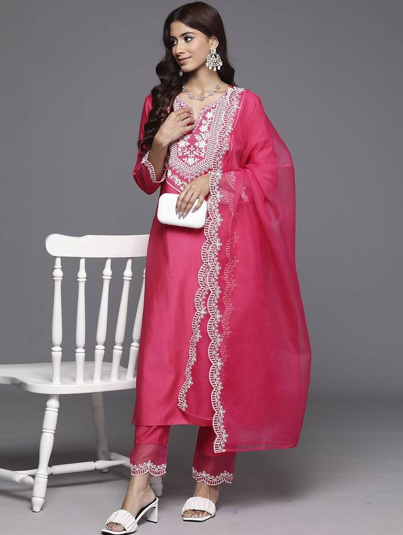Ethnic Motifs Yoke Design Straight Thread Work Liva Kurta with Trousers & Dupatta