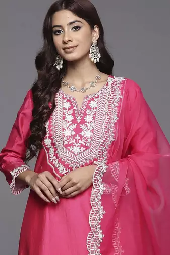 Ethnic Motifs Yoke Design Straight Thread Work Liva Kurta with Trousers & Dupatta
