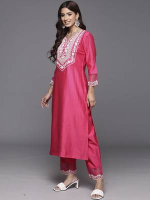 Ethnic Motifs Yoke Design Straight Thread Work Liva Kurta with Trousers & Dupatta 5