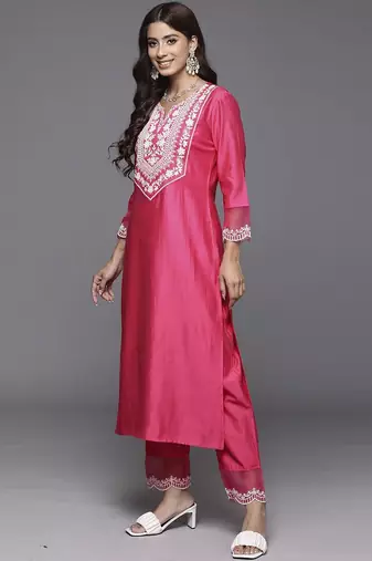 Ethnic Motifs Yoke Design Straight Thread Work Liva Kurta with Trousers & Dupatta
