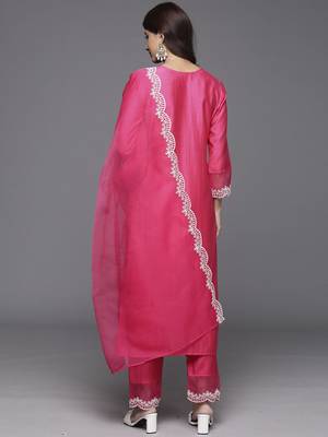 Ethnic Motifs Yoke Design Straight Thread Work Liva Kurta with Trousers & Dupatta 6