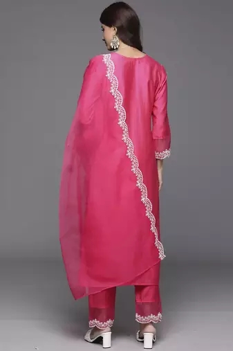 Ethnic Motifs Yoke Design Straight Thread Work Liva Kurta with Trousers & Dupatta