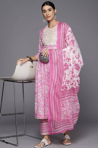 Floral Printed A-Line Sequinned  Cotton Kurta with Trousers & Dupatta
