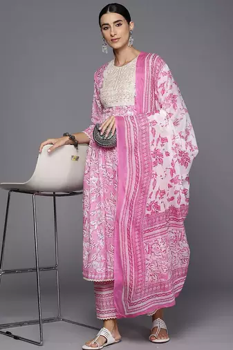 floral printed a-line sequinned  cotton kurta with trousers & dupatta