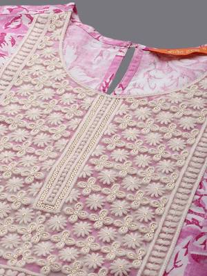 Floral Printed A-Line Sequinned  Cotton Kurta with Trousers & Dupatta 2