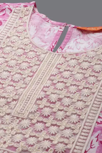 floral printed a-line sequinned  cotton kurta with trousers & dupatta
