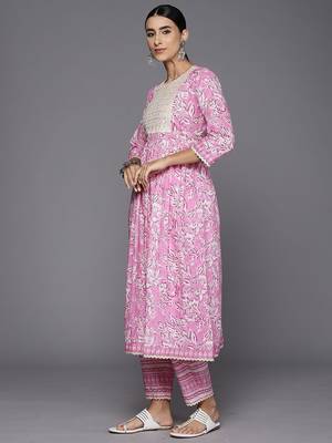Floral Printed A-Line Sequinned  Cotton Kurta with Trousers & Dupatta 4