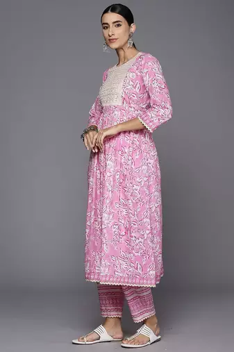 floral printed a-line sequinned  cotton kurta with trousers & dupatta