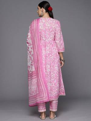 Floral Printed A-Line Sequinned  Cotton Kurta with Trousers & Dupatta 5