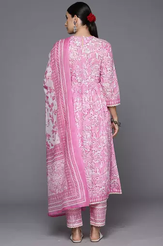 floral printed a-line sequinned  cotton kurta with trousers & dupatta