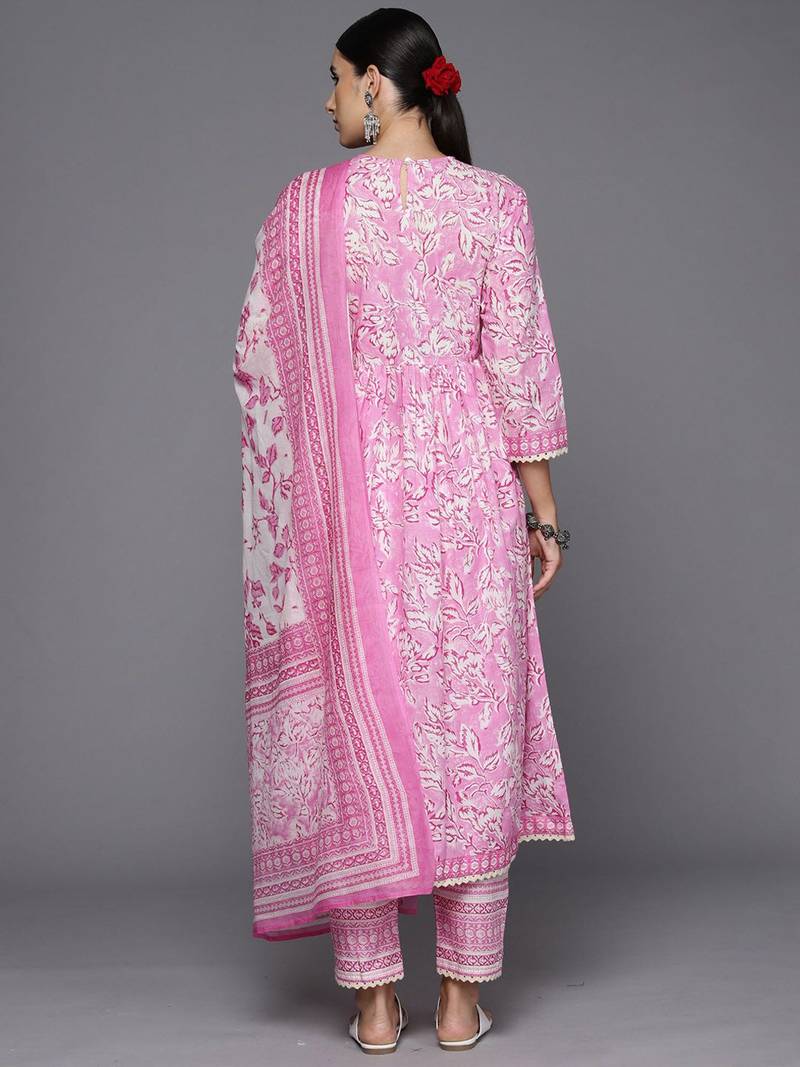 Floral Printed A-Line Sequinned  Cotton Kurta with Trousers & Dupatta