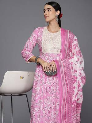Floral Printed A-Line Sequinned  Cotton Kurta with Trousers & Dupatta 6