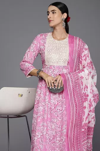 floral printed a-line sequinned  cotton kurta with trousers & dupatta