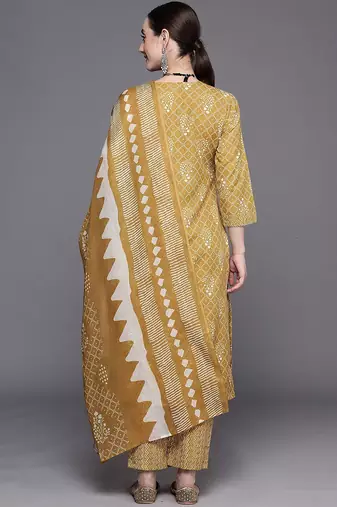 Women Ethnic Motifs Printed Regular Thread Work Pure Cotton Kurta with Trousers & With Dupatta