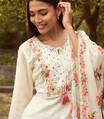 Ethnic Motifs Embroidered Tie-Up Neck Straight Kurta with Trousers & Dupatta