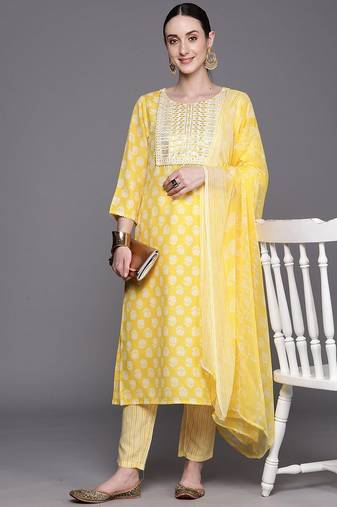 Floral Printed Three-Quarter Sleeves Sequinned Pure Cotton Straight Kurta Set