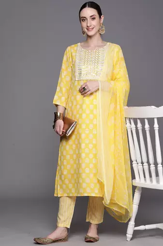 Floral Printed Three-Quarter Sleeves Sequinned  Cotton Straight Kurta Set