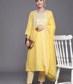 Floral Printed Three-Quarter Sleeves Sequinned Pure Cotton Straight Kurta Set