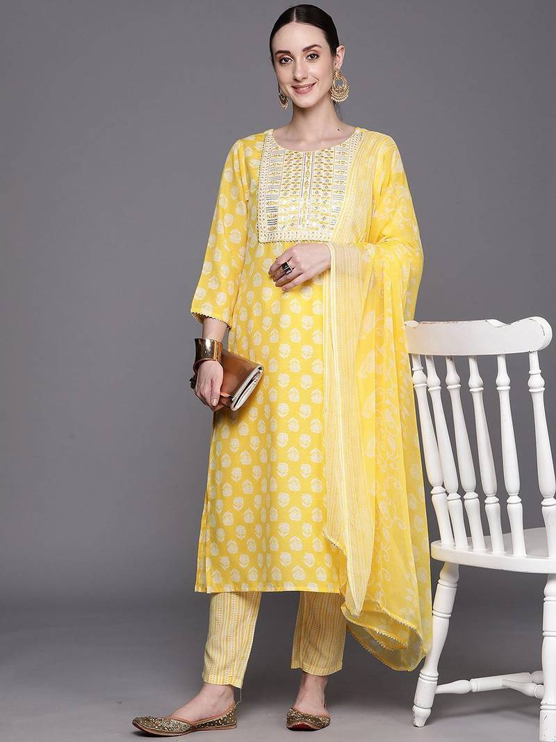 Floral Printed Three-Quarter Sleeves Sequinned Pure Cotton Straight Kurta Set