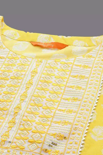 Floral Printed Three-Quarter Sleeves Sequinned  Cotton Straight Kurta Set