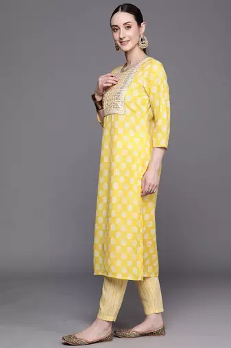 Floral Printed Three-Quarter Sleeves Sequinned  Cotton Straight Kurta Set