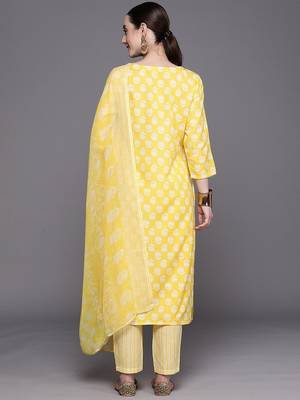 Floral Printed Three-Quarter Sleeves Sequinned Pure Cotton Straight Kurta Set 6