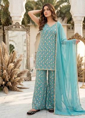 Sky Blue sequin And Embroidery Work Georgete Salwar Suit 1