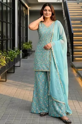 Sky Blue sequin And Embroidery Work Georgete Salwar Suit