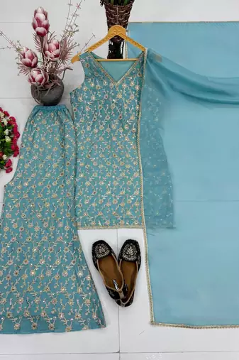Sky Blue sequin And Embroidery Work Georgete Salwar Suit