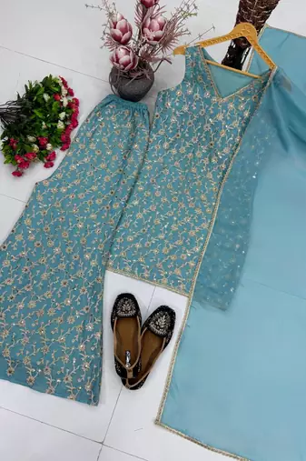 Sky Blue sequin And Embroidery Work Georgete Salwar Suit
