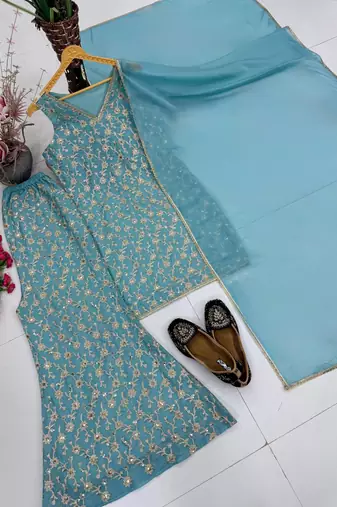 Sky Blue sequin And Embroidery Work Georgete Salwar Suit