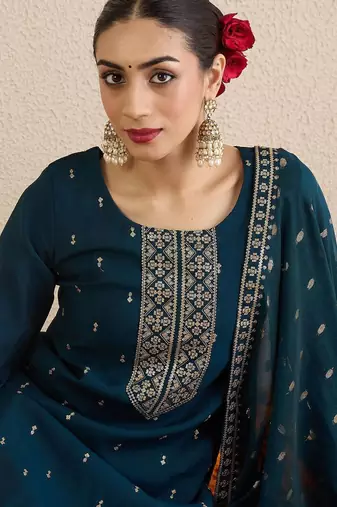 Women Solid Embroidered Kurta with Palazzo & Dupatta
