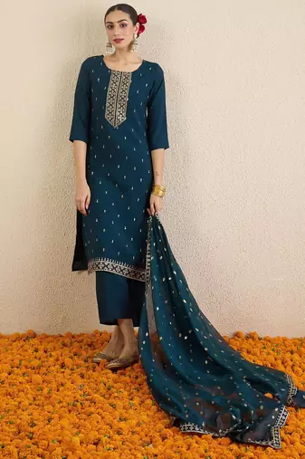Women Solid Embroidered Kurta with Palazzo & Dupatta