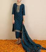 Women Solid Embroidered Kurta with Palazzo & Dupatta