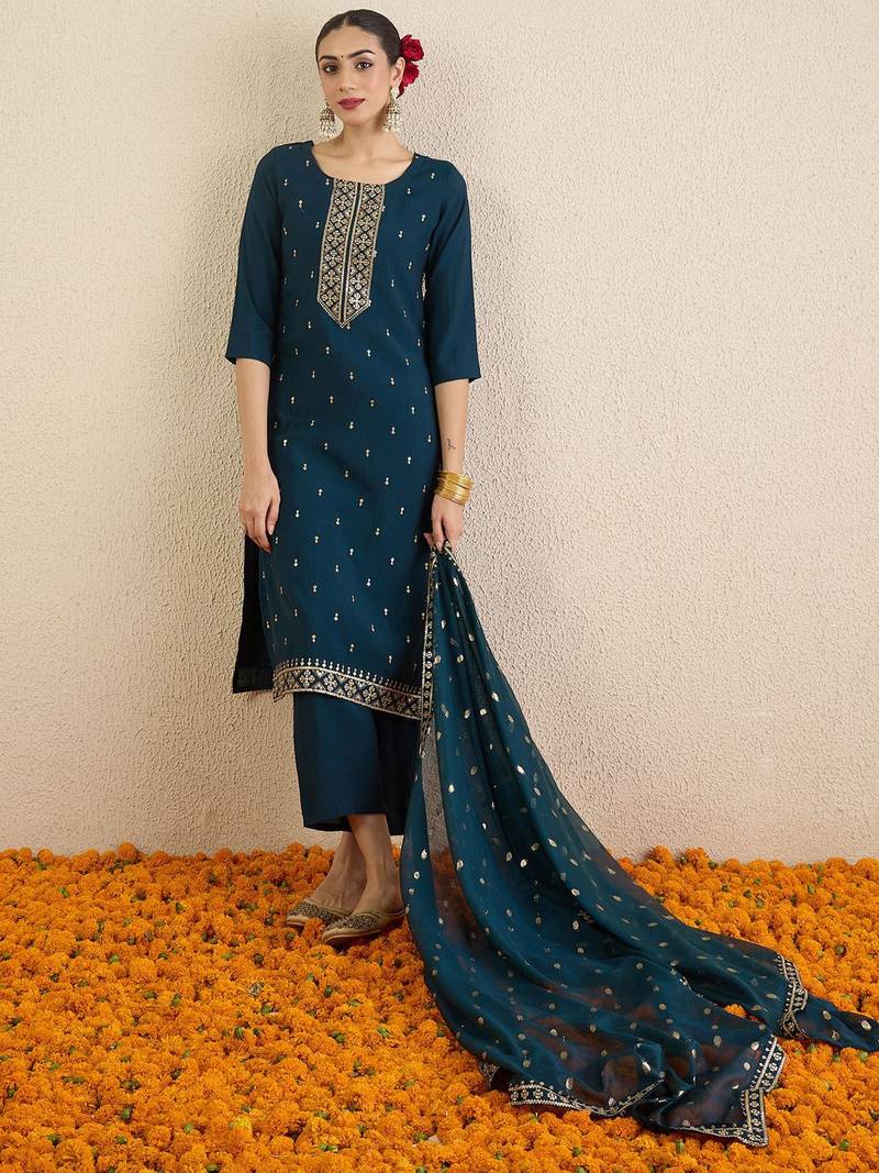 Women Solid Embroidered Kurta with Palazzo & Dupatta